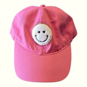 Smiley Chenile Patch Pink Canvas Adjustable Baseball Cap